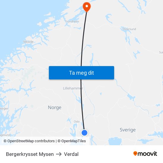 Bergerkrysset Mysen to Verdal map