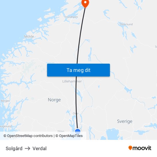 Solgård to Verdal map