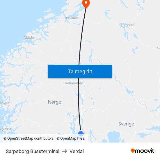 Sarpsborg Bussterminal to Verdal map