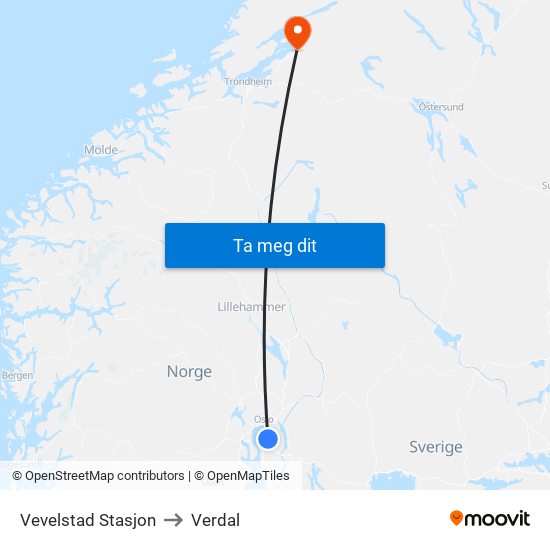 Vevelstad Stasjon to Verdal map