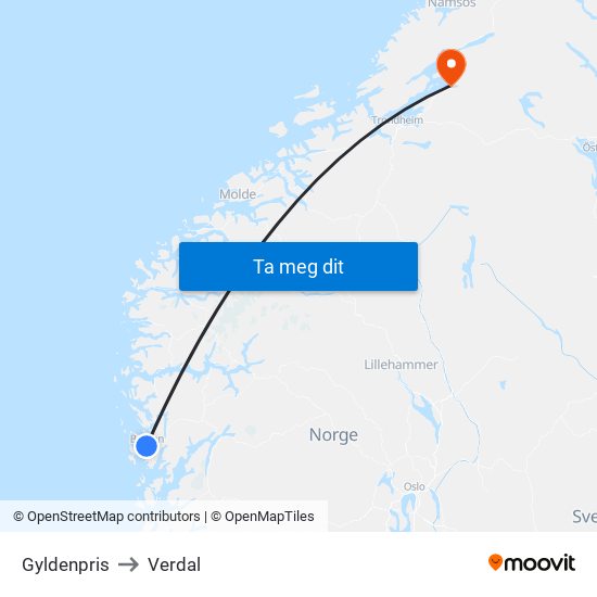 Gyldenpris to Verdal map