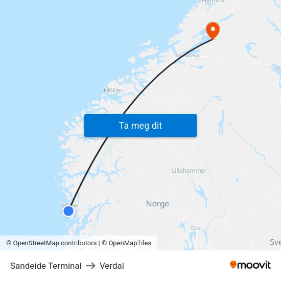 Sandeide Terminal to Verdal map
