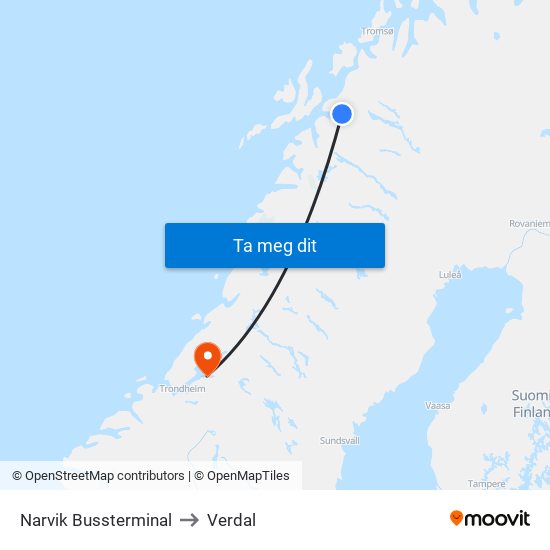 Narvik Bussterminal to Verdal map