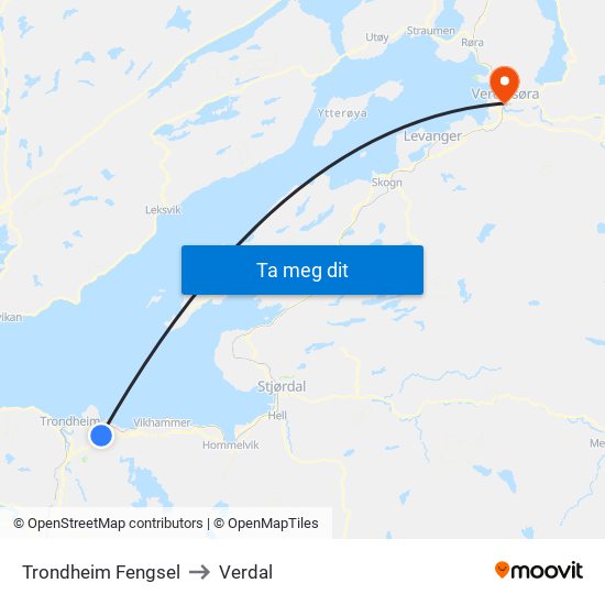 Trondheim Fengsel to Verdal map