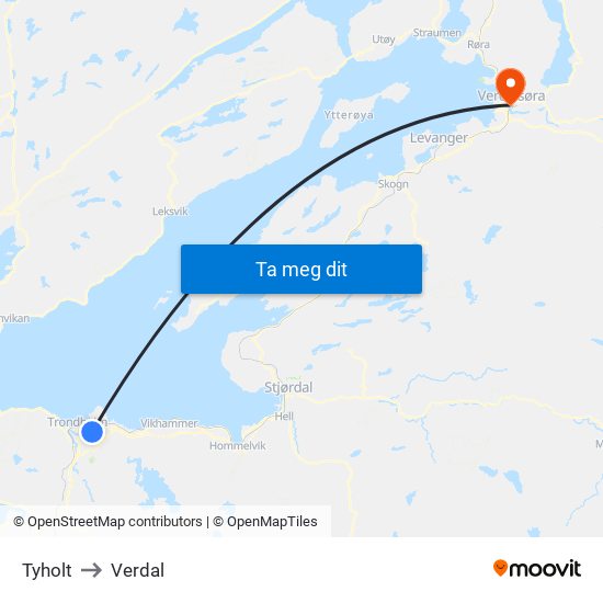 Tyholt to Verdal map