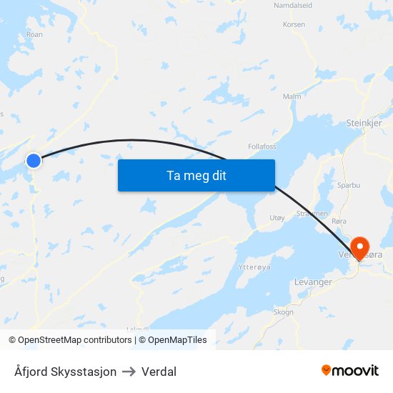 Åfjord Skysstasjon to Verdal map