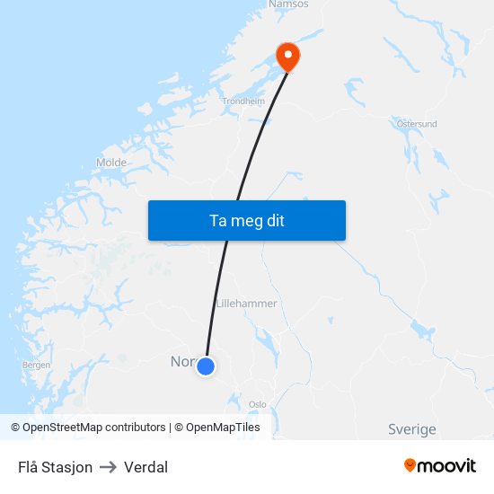 Flå Stasjon to Verdal map