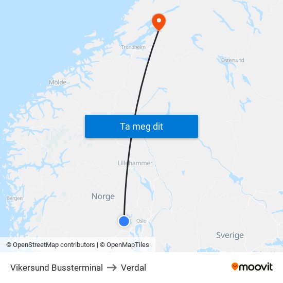 Vikersund Bussterminal to Verdal map
