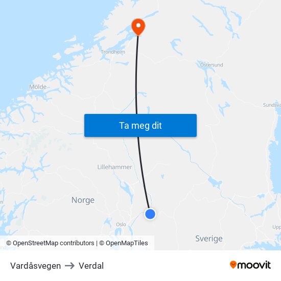 Vardåsvegen to Verdal map