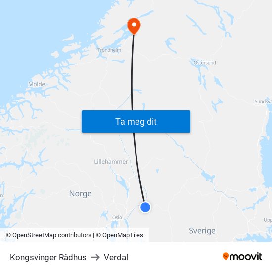 Kongsvinger Rådhus to Verdal map