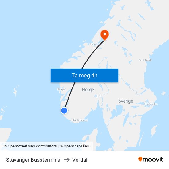 Stavanger Bussterminal to Verdal map