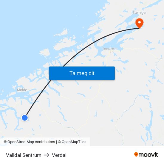 Valldal Sentrum to Verdal map