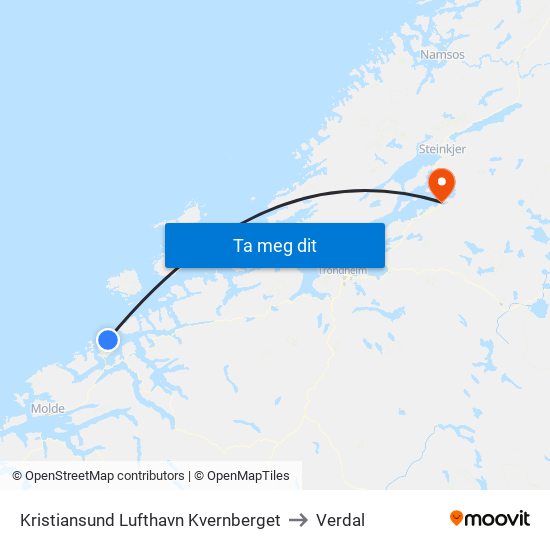 Kristiansund Lufthavn Kvernberget to Verdal map
