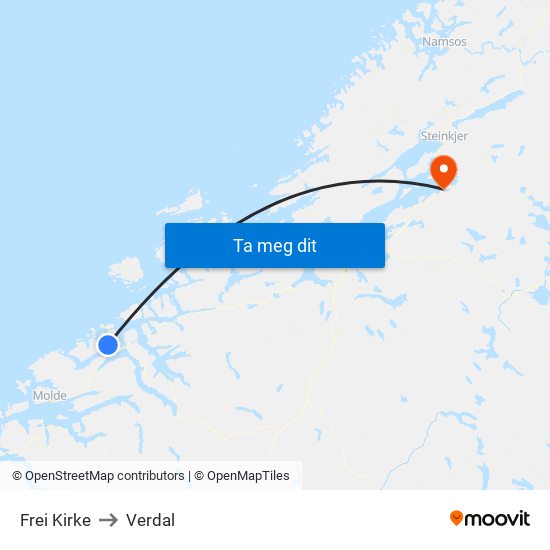 Frei Kirke to Verdal map