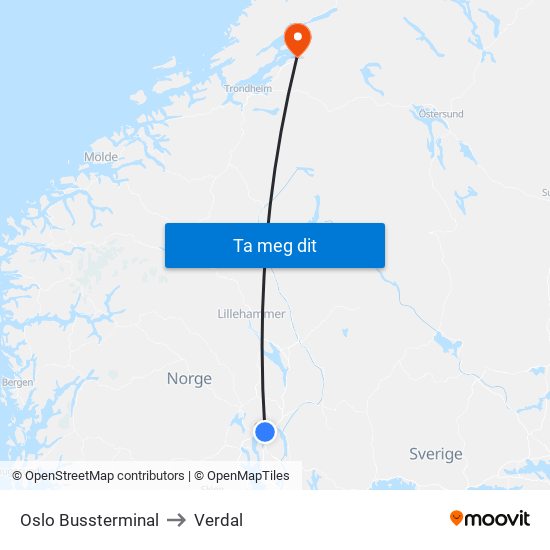 Oslo Bussterminal to Verdal map