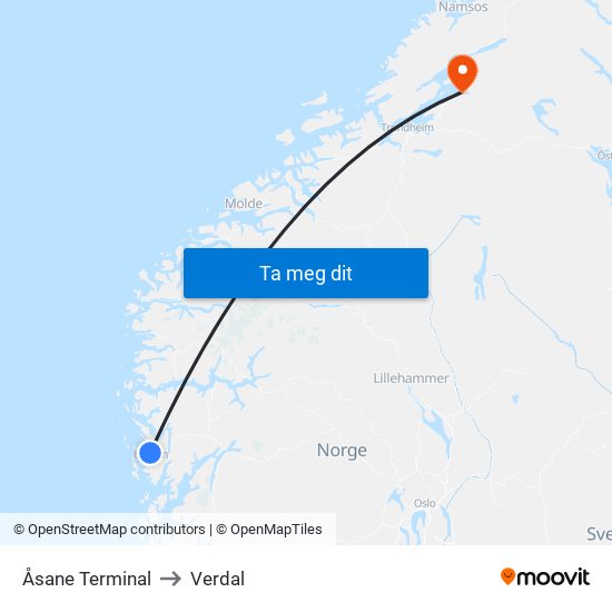 Åsane Terminal to Verdal map