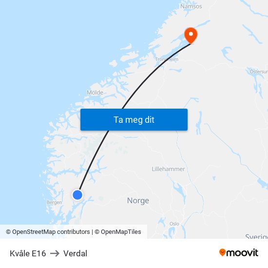 Kvåle E16 to Verdal map