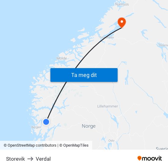 Storevik to Verdal map