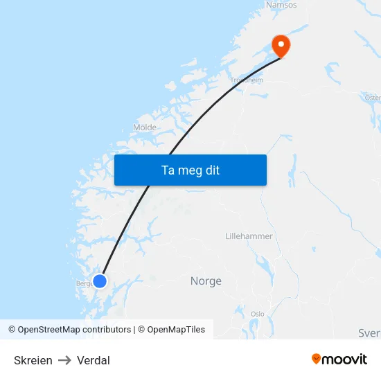Skreien to Verdal map
