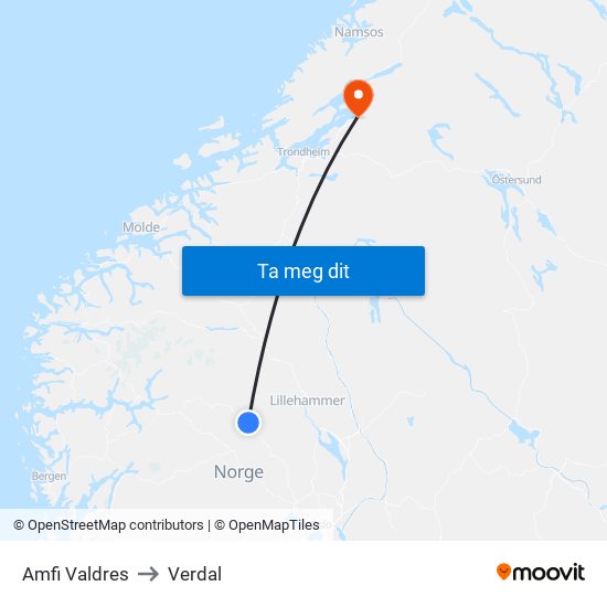 Amfi Valdres to Verdal map