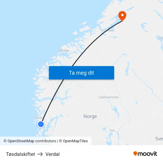 Tøsdalskiftet to Verdal map