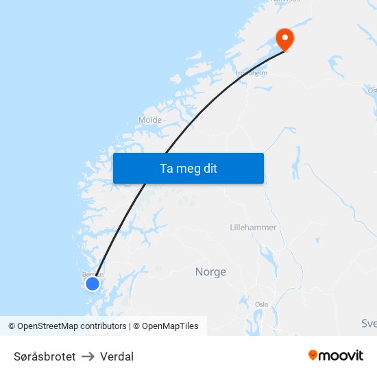 Søråsbrotet to Verdal map