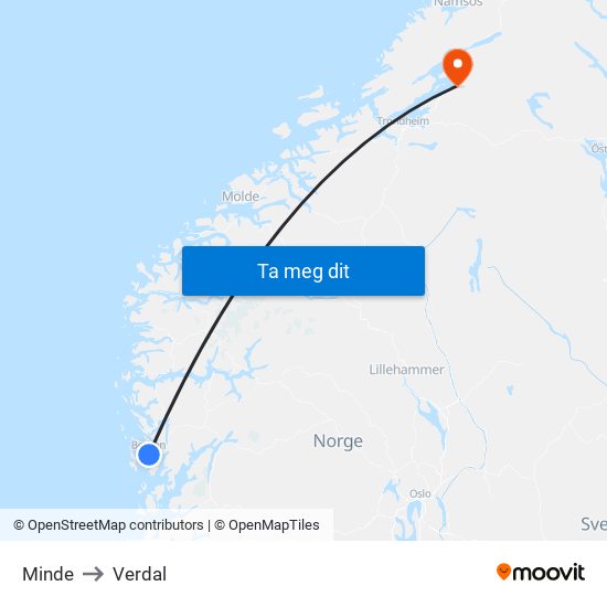 Minde to Verdal map