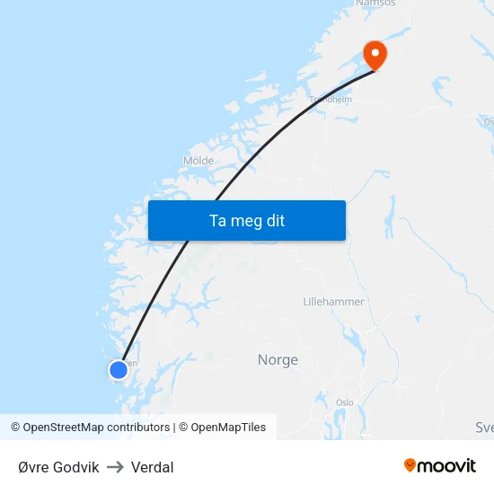 Øvre Godvik to Verdal map