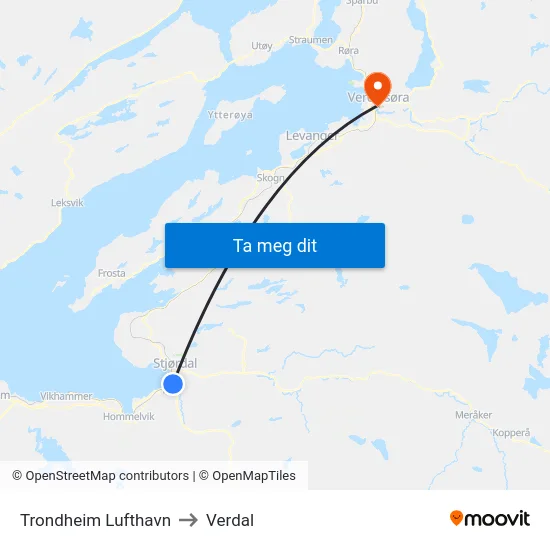 Trondheim Lufthavn to Verdal map