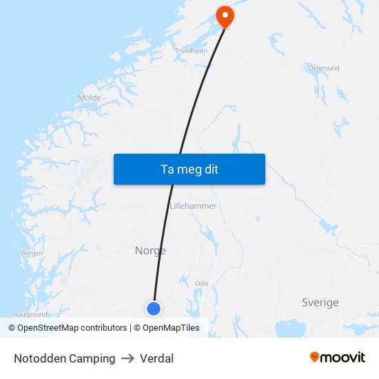 Notodden Camping to Verdal map