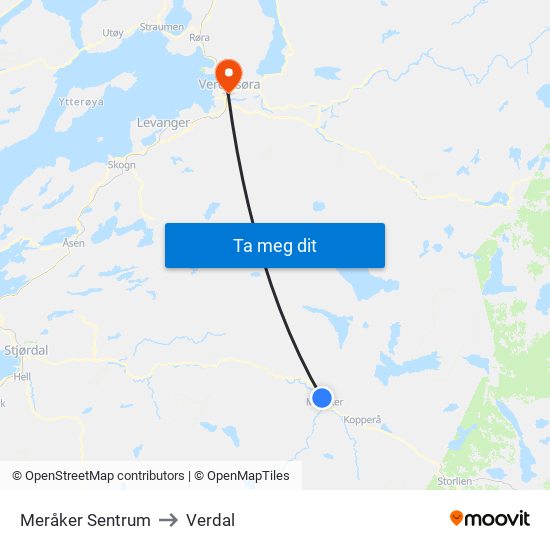 Meråker Sentrum to Verdal map