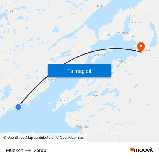Munken to Verdal map