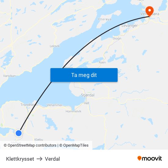 Klettkrysset to Verdal map