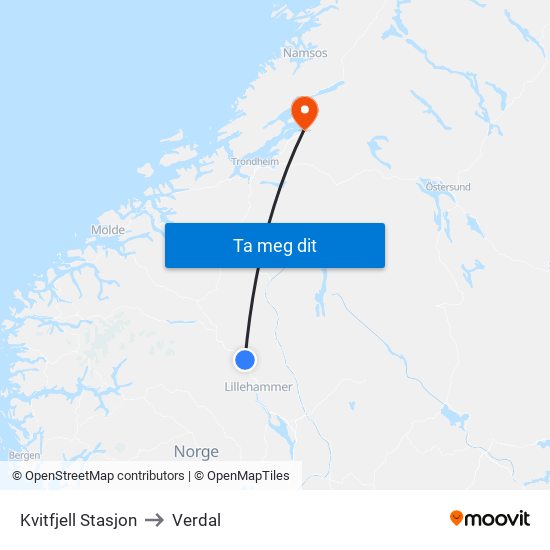 Kvitfjell Stasjon to Verdal map