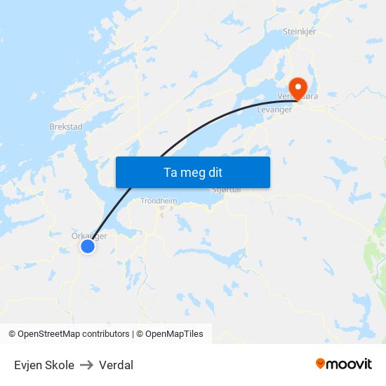 Evjen Skole to Verdal map