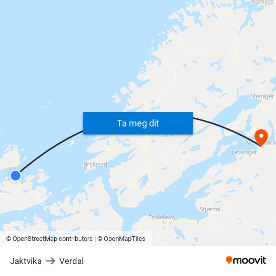 Jaktvika to Verdal map