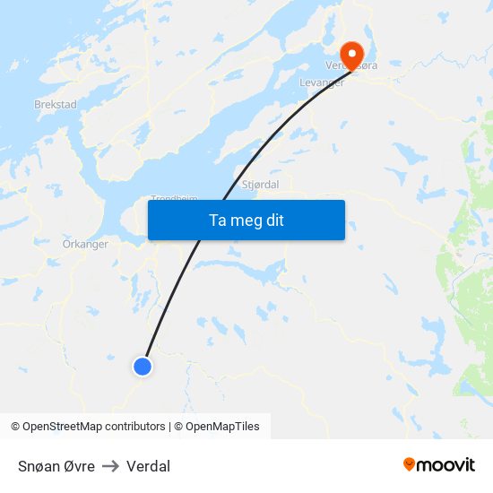 Snøan Øvre to Verdal map