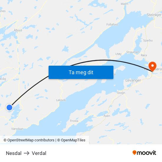 Nesdal to Verdal map