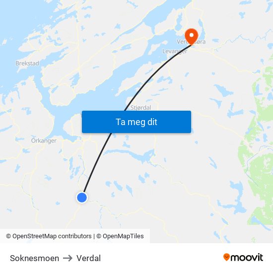 Soknesmoen to Verdal map