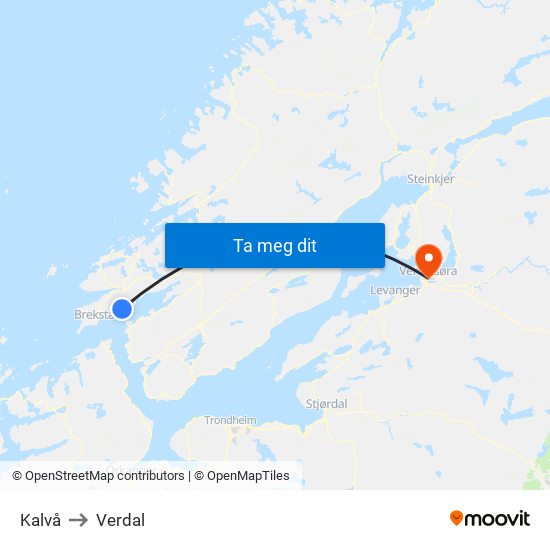 Kalvå to Verdal map