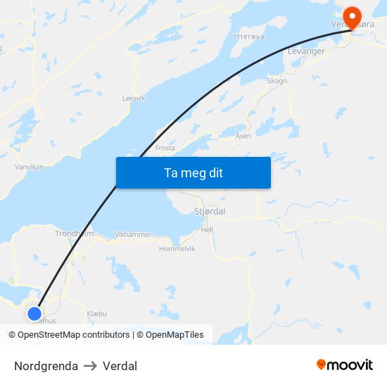 Nordgrenda to Verdal map