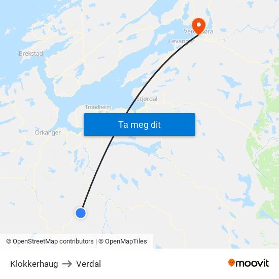 Klokkerhaug to Verdal map