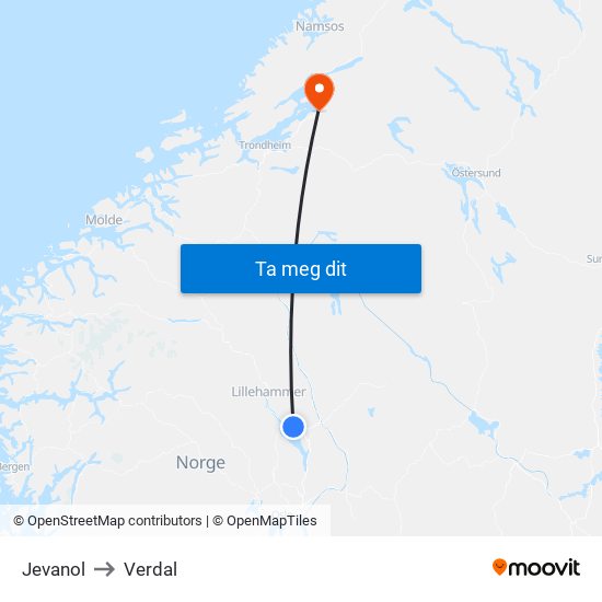 Jevanol to Verdal map