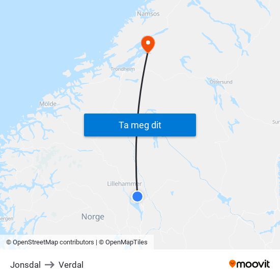 Jonsdal to Verdal map