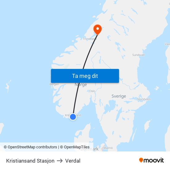 Kristiansand Stasjon to Verdal map