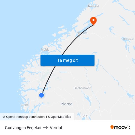 Gudvangen Ferjekai to Verdal map