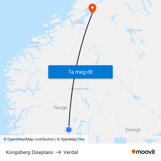 Kongsberg Diseplass to Verdal map