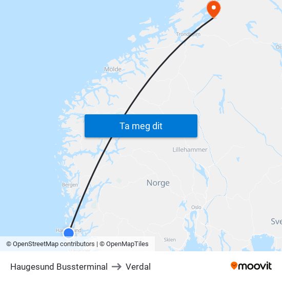 Haugesund Bussterminal to Verdal map