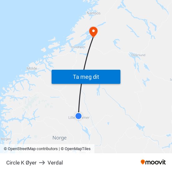 Circle K Øyer to Verdal map