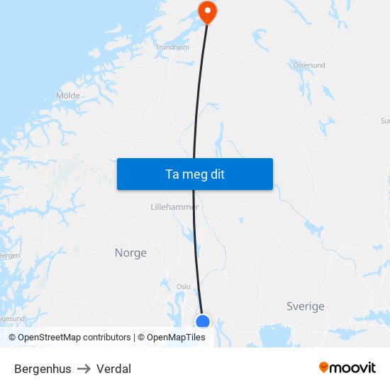Bergenhus to Verdal map